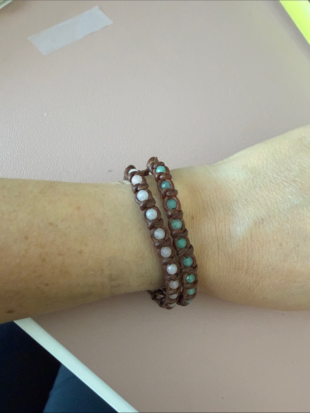 Chan Luu Brown Leather Bracelet Pair with Green and Light Pink Beads - Picture 5 of 5